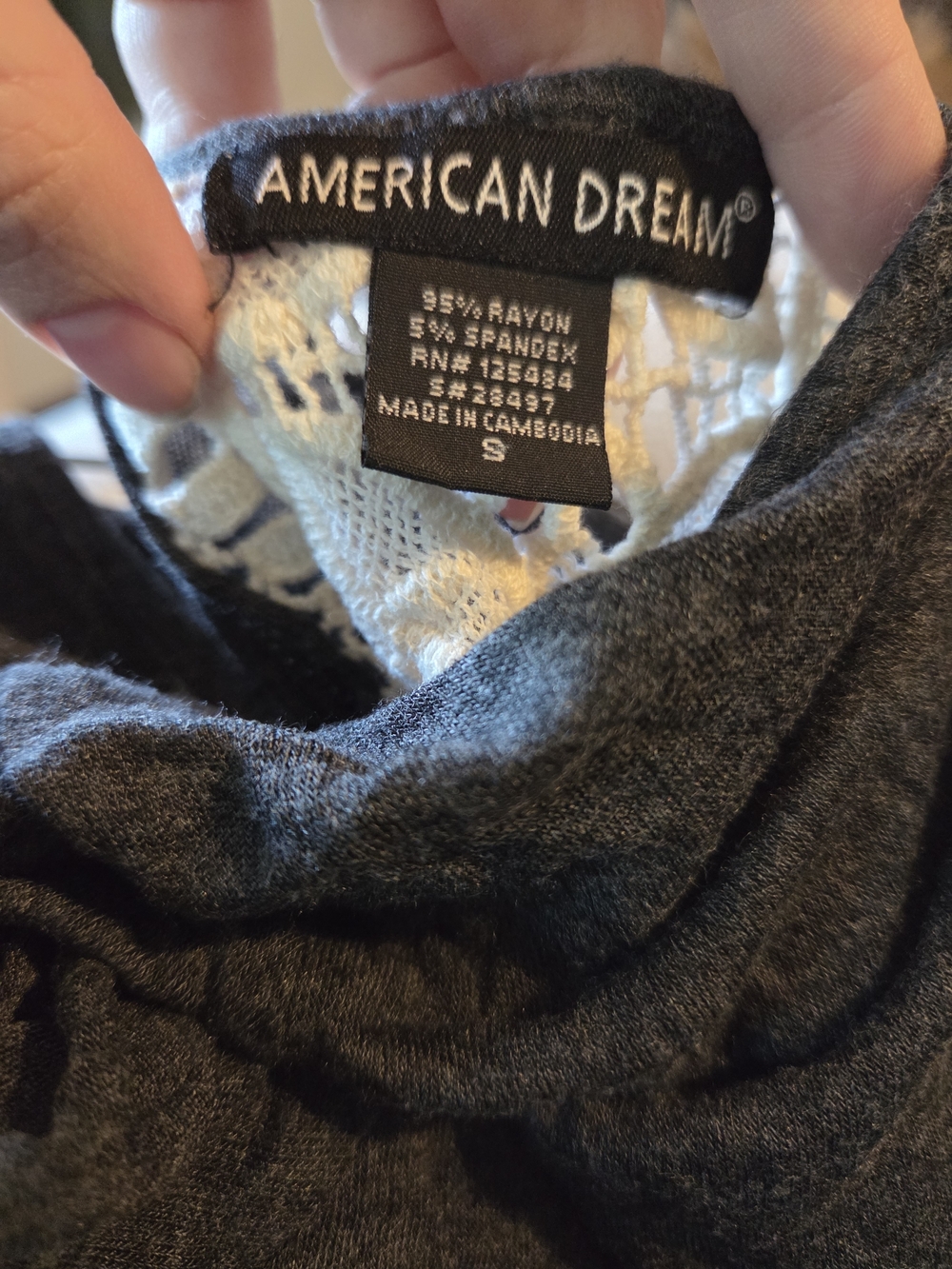 American Dream Charcoal Short Sleeve Top with White Crochet Accents - Picture 5 of 6